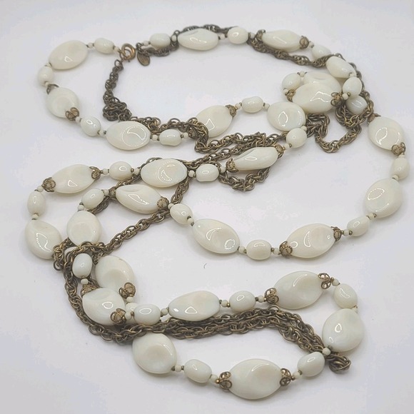 Vintage Miriam Haskell Milk Glass Bead Necklace Long Layering‎ Opera 44”